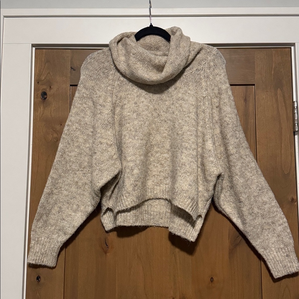 Sincerely Jules Tan Taupe Cowl Neck Cropped Wool Blend Knit Sweater Womens S